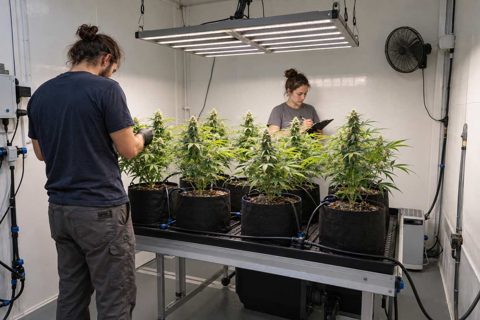 Deux jeunes adultes au travail dans une petite salle professionnelle de culture indoor de cannabis — visuel généré par IA.
